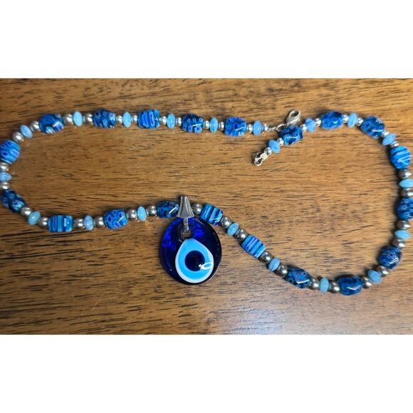 Turqouise Evil Eye Necklace With Aqua Beads Excellent Condition - Picture 3 of 4